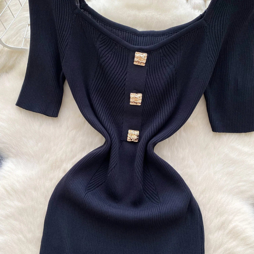Women Square Collar Knit Dress Short Sleeve Wrap Sheath