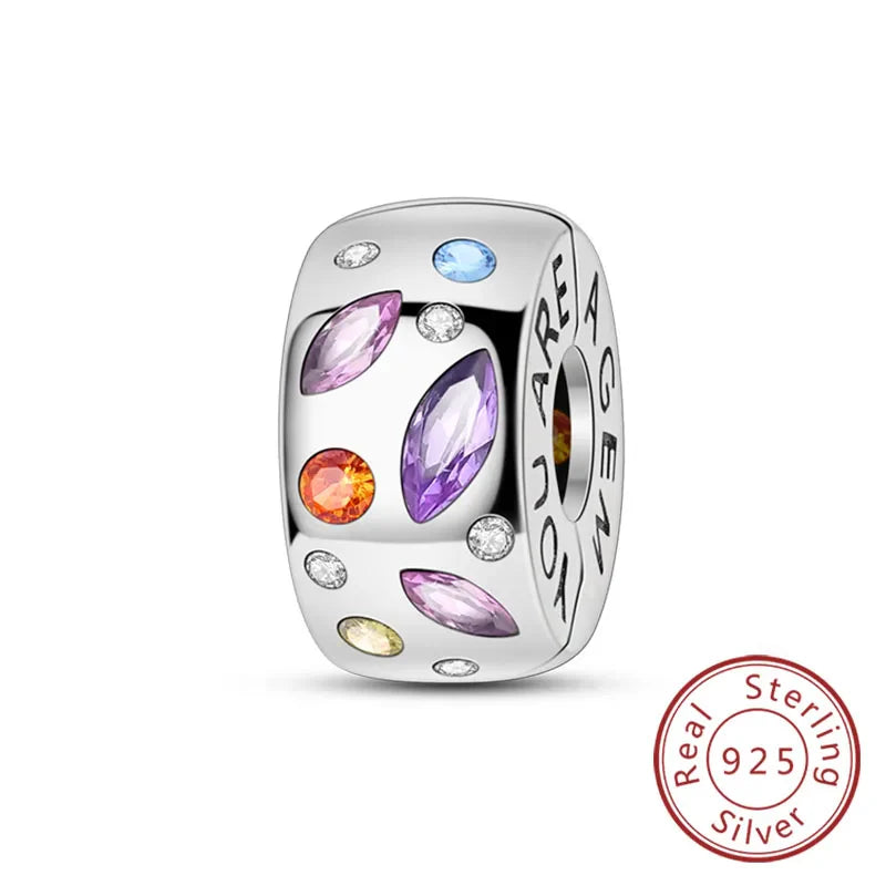 Fit Original 925 Sterling Silver Clip Charms with Zircon and Silicone Spacer Beads for Women DIY Bracelet Gift