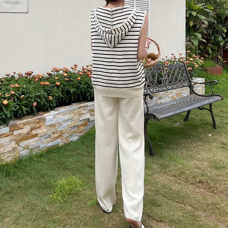 Women Casual Summer V-Neck Striped Tank Top and High Waist Wide Leg Pants Set