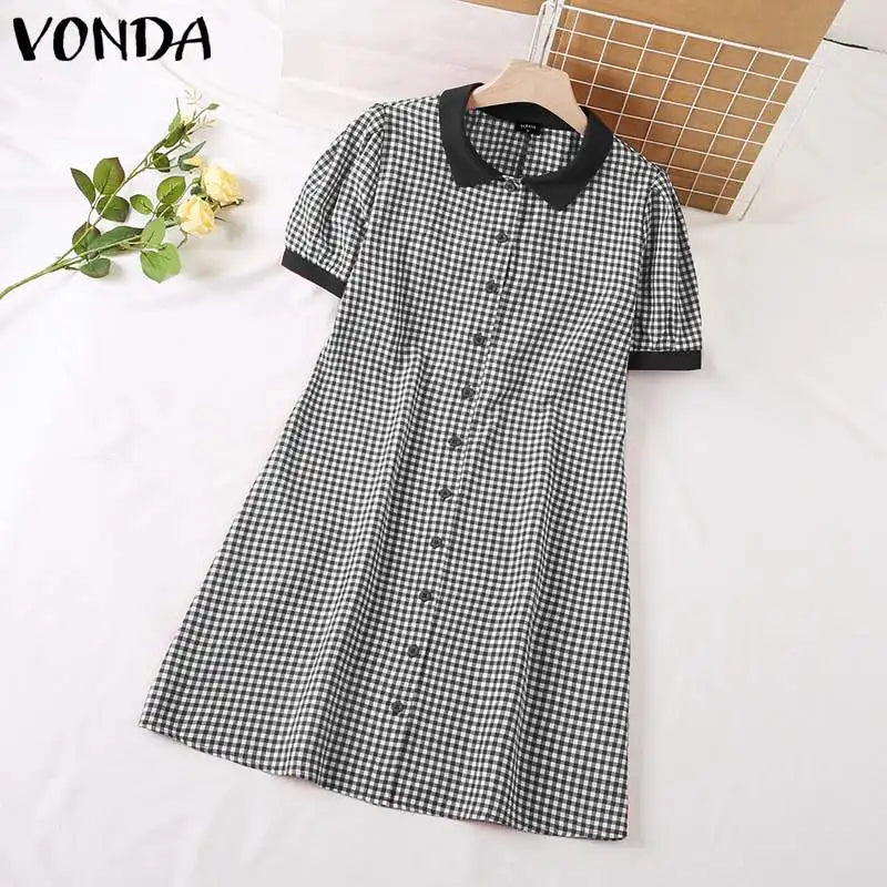 Boho Plaid Mini Dress Puff Sleeve A Line Sundress Style