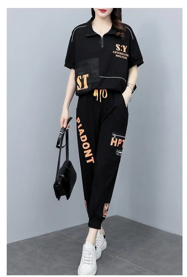 Women's Summer Korean Style Sports Suit Loose Short Sleeve Top and Pencil Pants Two Piece Set