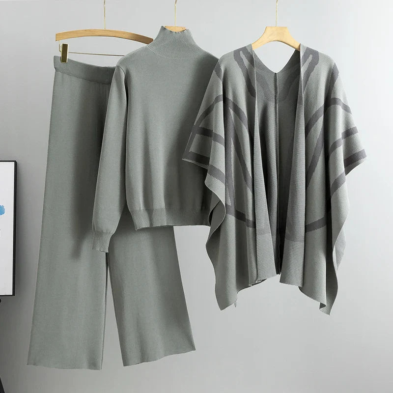 Knitted 3 Piece Set for Women with Stripe Shawl, Half High Neck Full Sleeve Top, and Wide Leg Trousers Stylish Fashion Suit