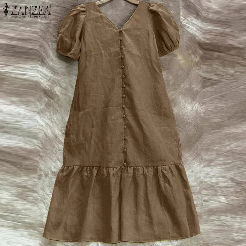 V Neck Puff Sleeve Midi Dress Solid Color Casual Wear