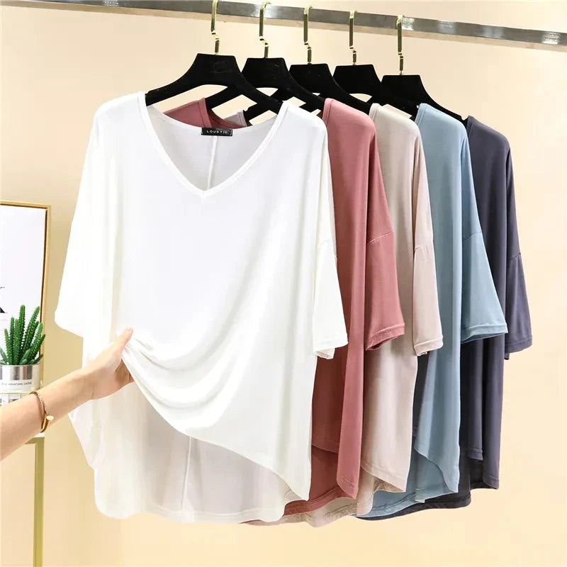 Solid Color Basic Short Sleeve Womens V Neck T Shirt Casual Cotton Tee for Summer
