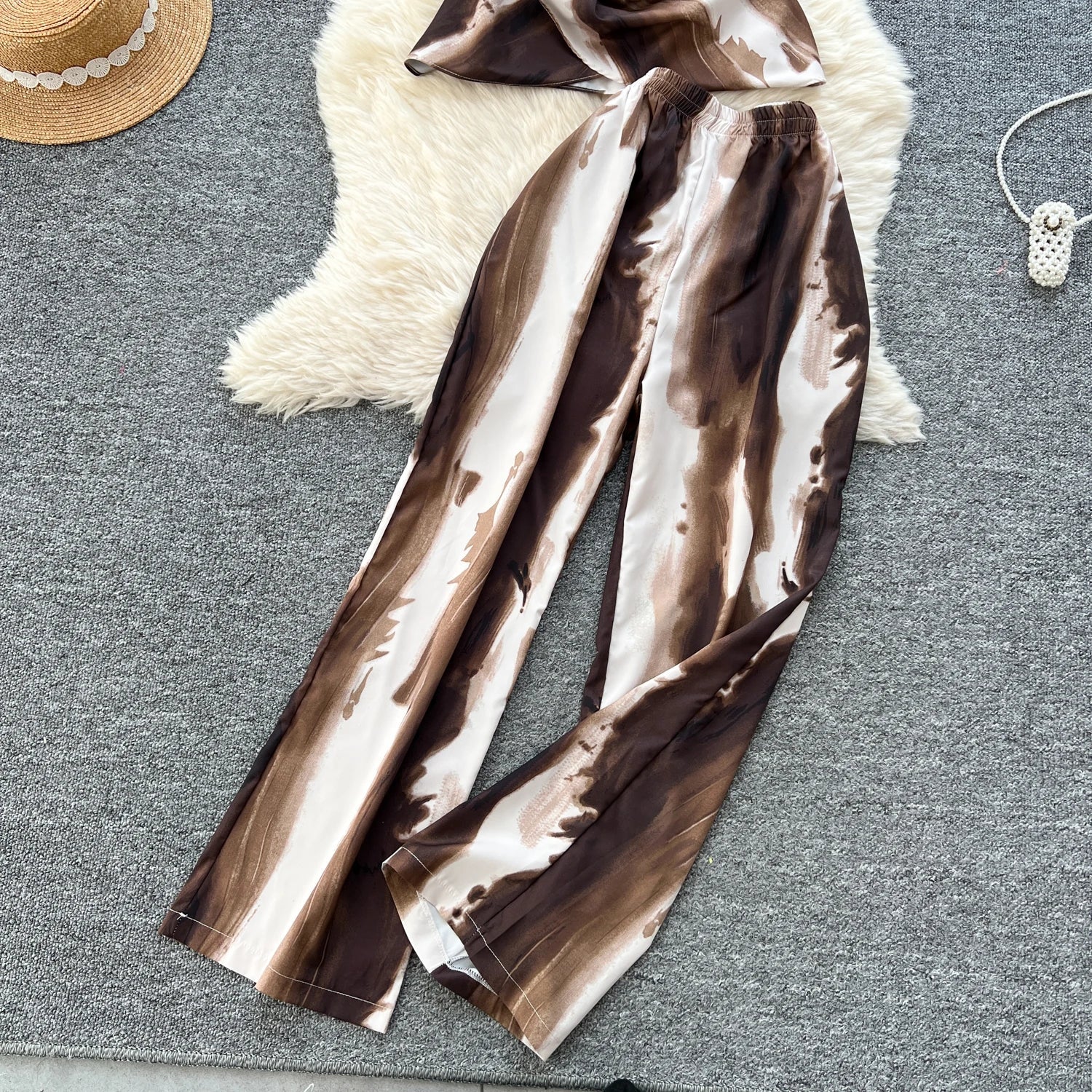 Printed Women Summer Fashion Two Piece Set with Short Sleeve Top and Wide Leg Long Pants for Casual Streetwear Outfits