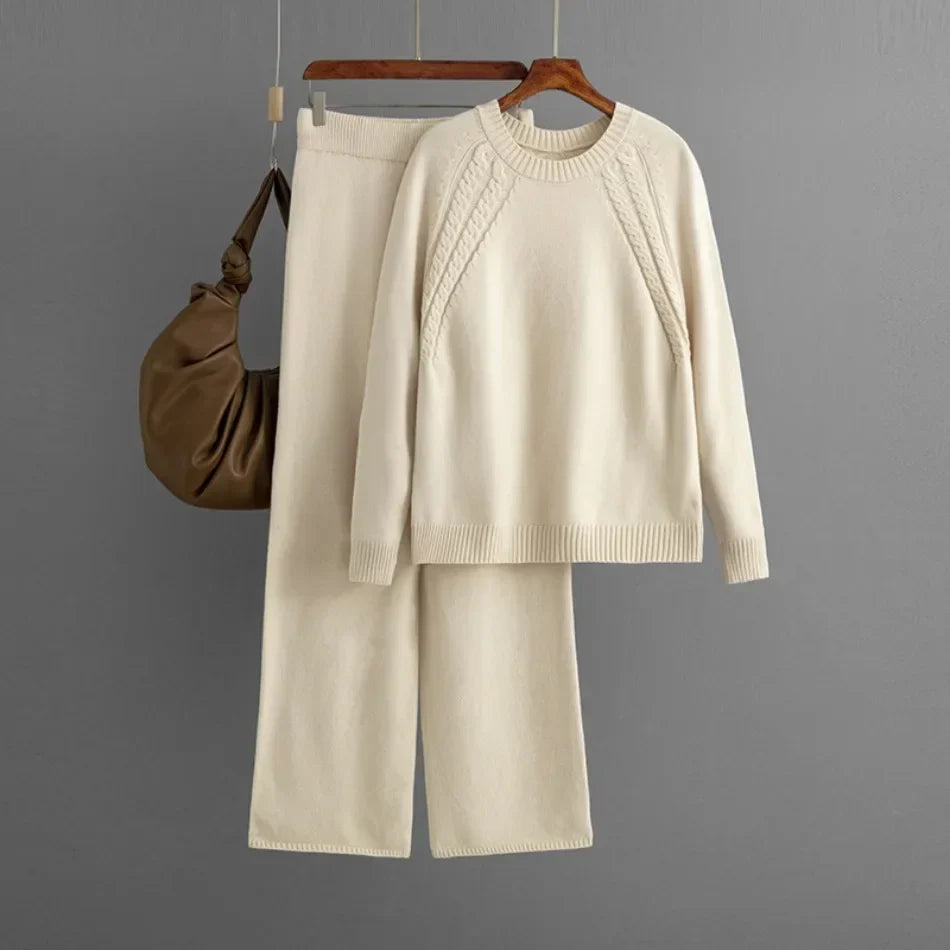 Casual Knitted Two Piece Set for Women Featuring Loose Sweater and Wide Leg Pants