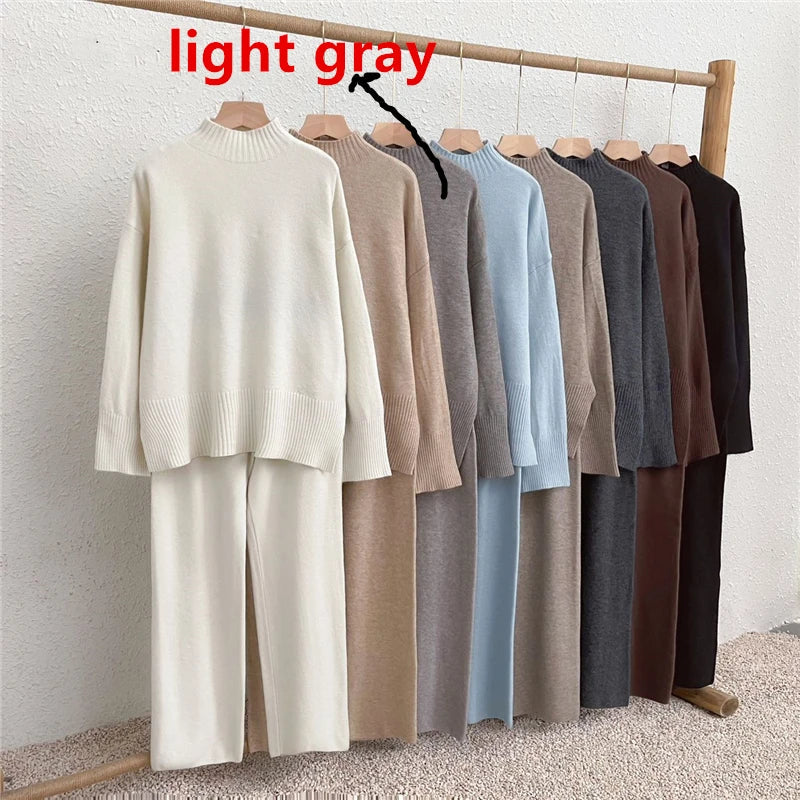 Fashionable Women's Split Sweater Set with Casual Pants in Solid Color Knitted Design