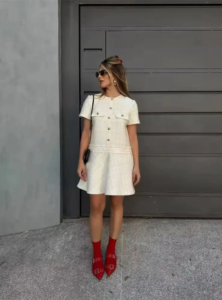 Women Textured Mini Dress Summer Round Neck Short Sleeve