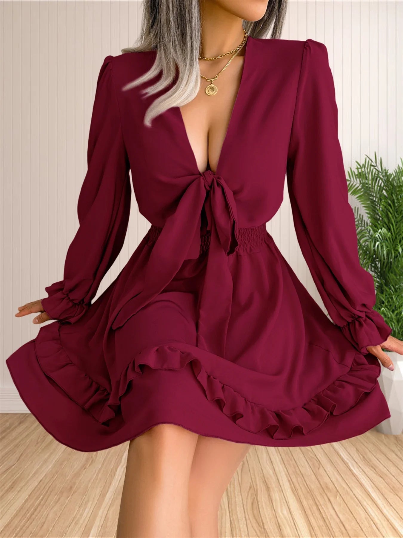 Womens V Neck Knot Front Smocked Waist Tiered Skater Dress