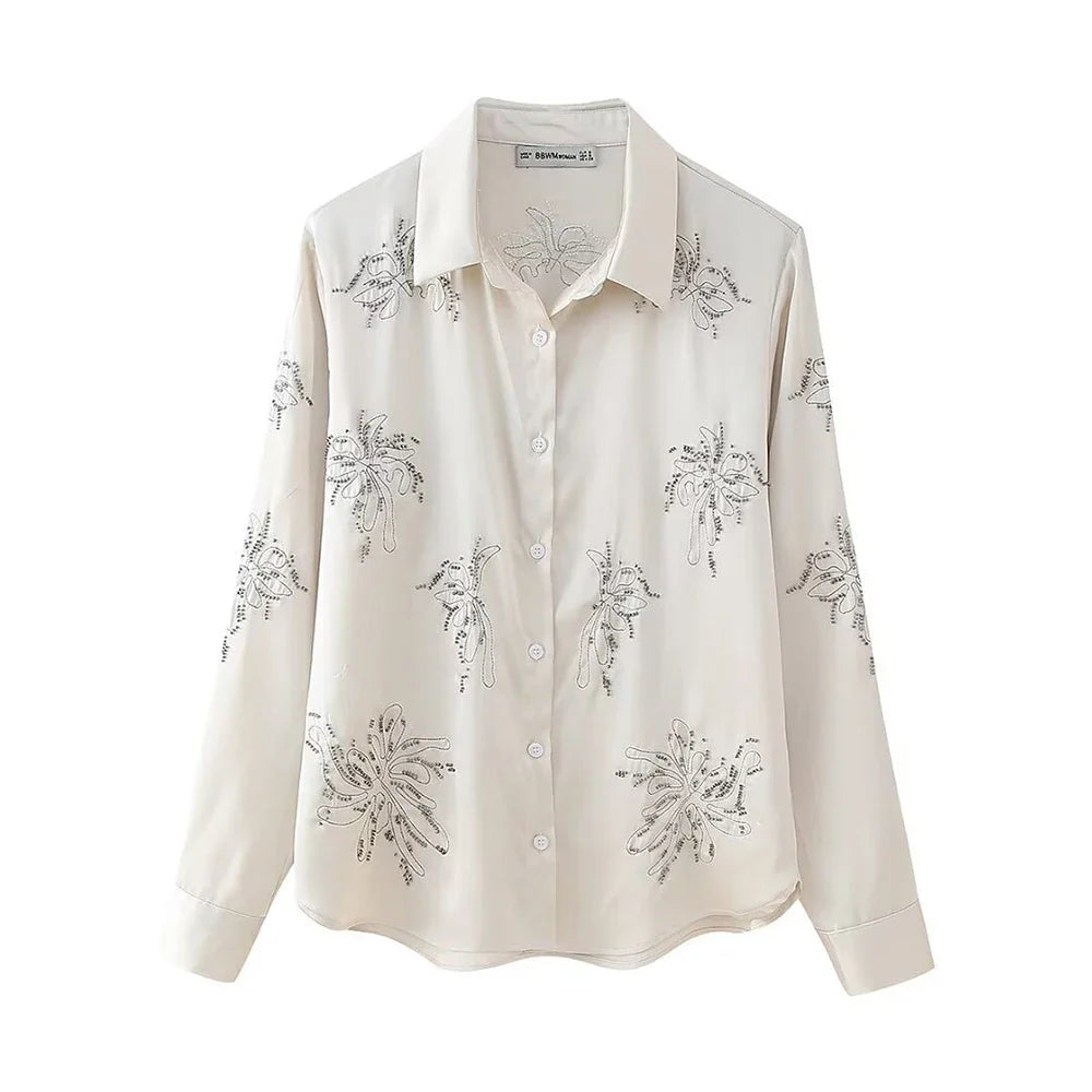 Women's Beaded Embroidery Long Sleeve Shirt and Loose Trousers Set with Lace Up Details