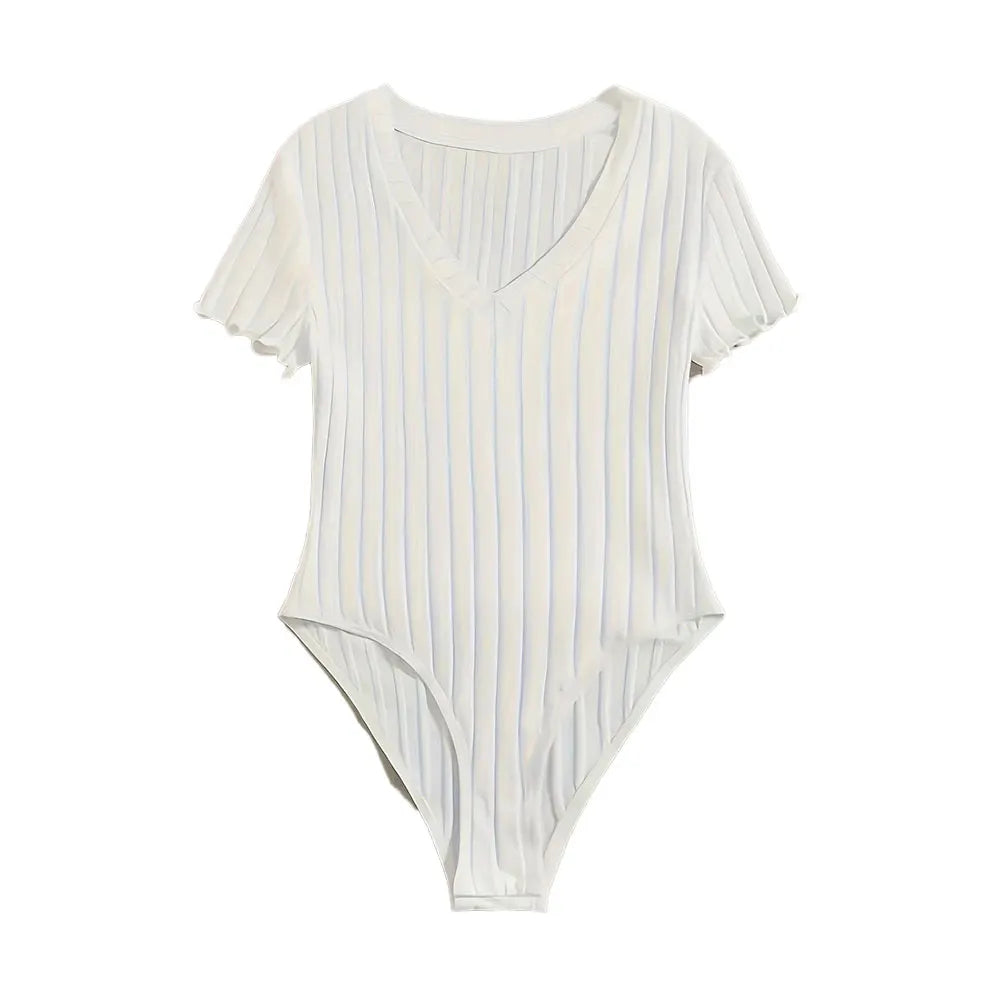 Elegant Ribbed V-Neck Bodysuit with Lettuce Trim and Semi-Sheer Comfort Fit for All Seasons