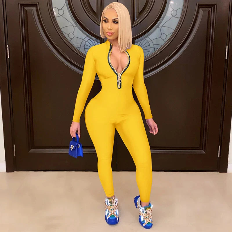 Women's Bodycon Jumpsuit with Zippered Long Sleeve Fit