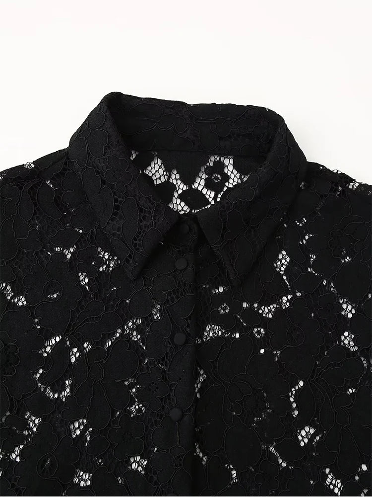 Black Lace Embroidered Short Shirt with Long Sleeves Elegant Autumn and Winter Fashion Top
