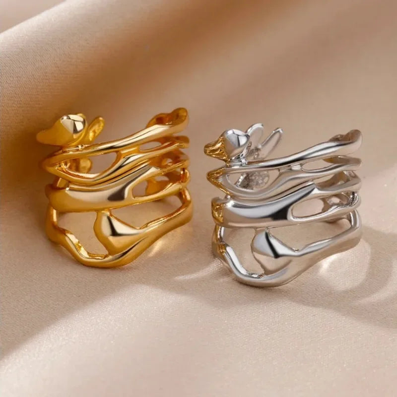 Hollowed-Out Electroplated Golden Ring Wide Band Fashion Jewelry Gift