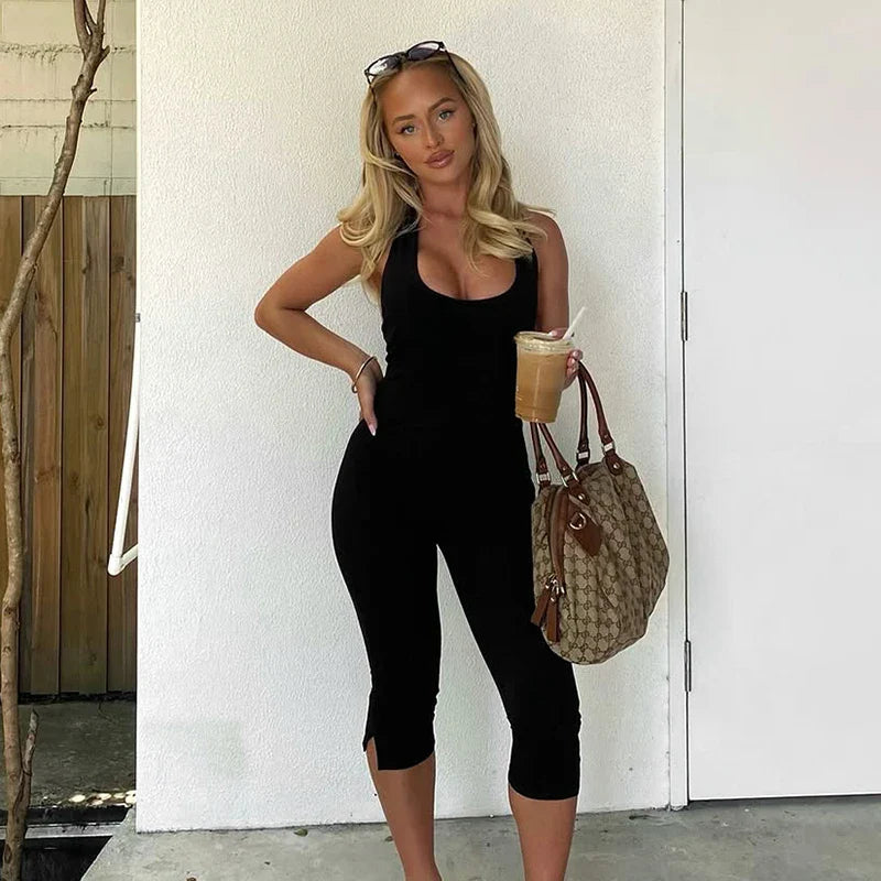 Women's Slim Backless Jumpsuit with Square Neck and Hanging Neck Strap Comfortable Sporty Solid Color Thin Fit Summer Outfit