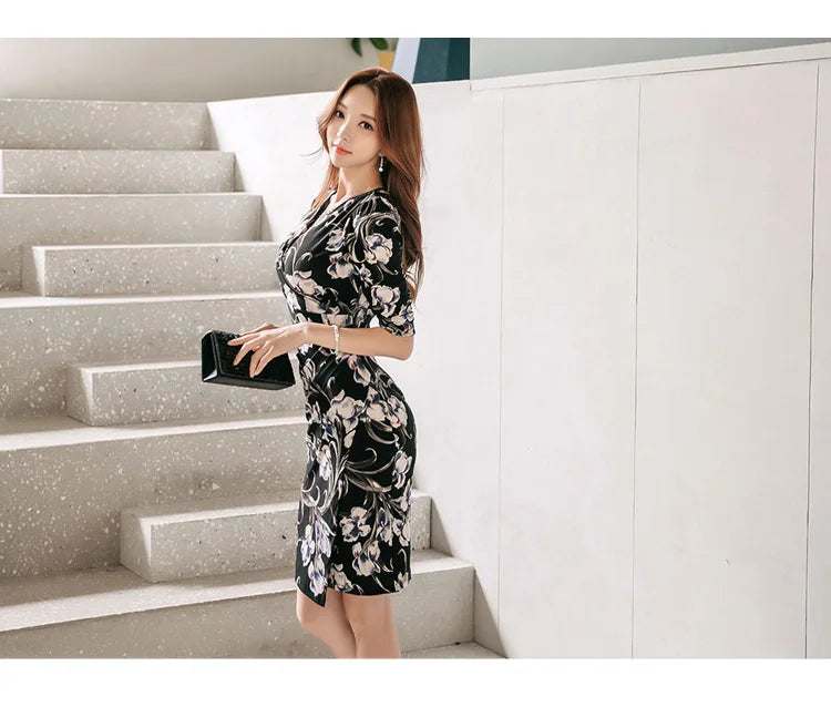 V-Neck Pencil Dress for Women Vintage Print Office Wear