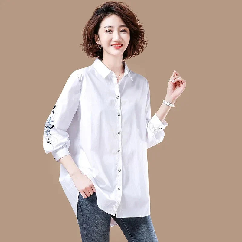Vintage Embroidered White Cotton Button Up Shirt Comfortable Casual Long Sleeve Loose Fit Blouse for Women