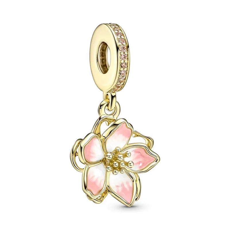 Sparkling Pink Cherry Blossom Daisy Charm Beads for 925 Silver Bracelet DIY Women's Jewelry Gifts