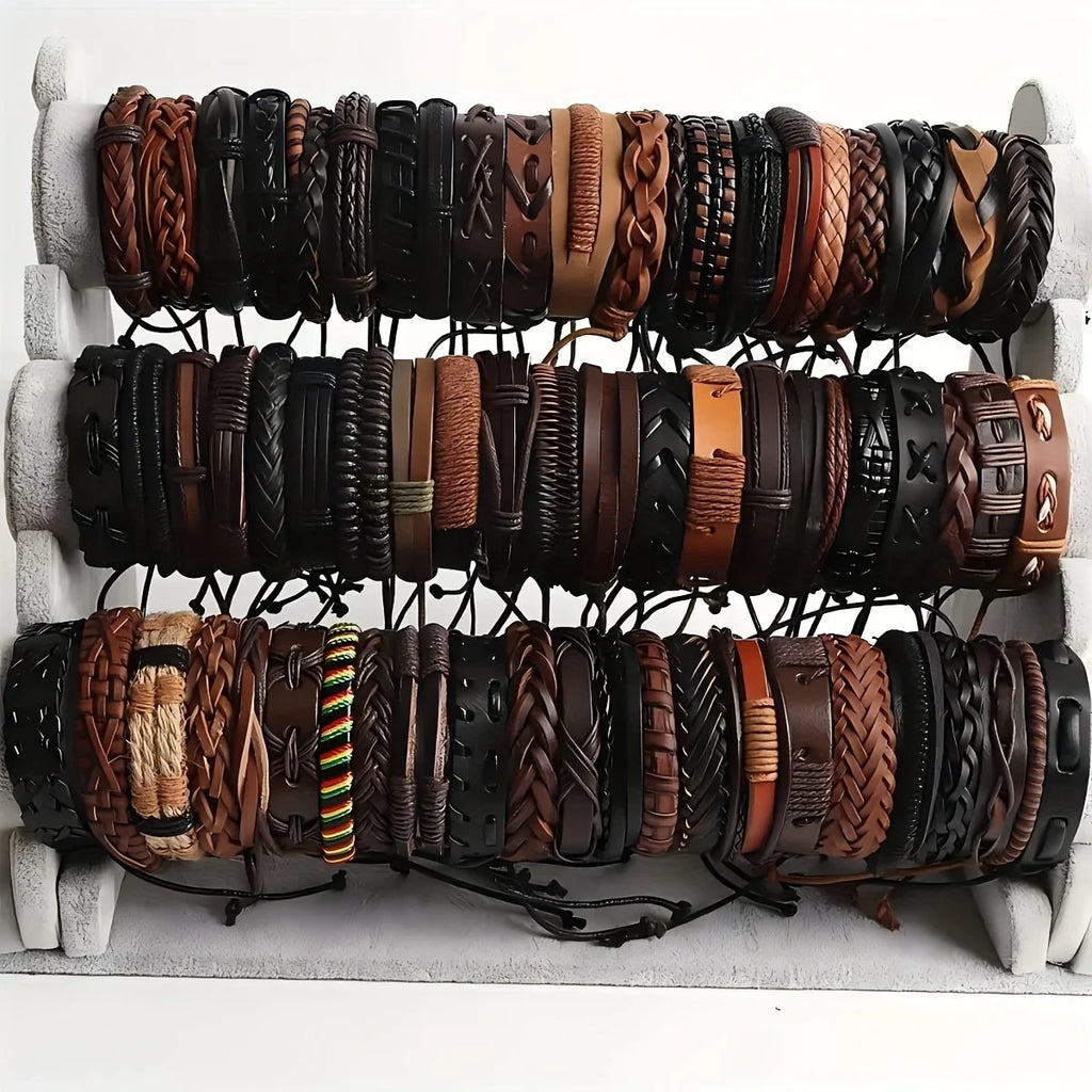 40Pcs Braided Leather Bracelets Set for Men and Women with Wooden Beads Adjustable Cuff Wristbands and Ethnic Tribal Designs