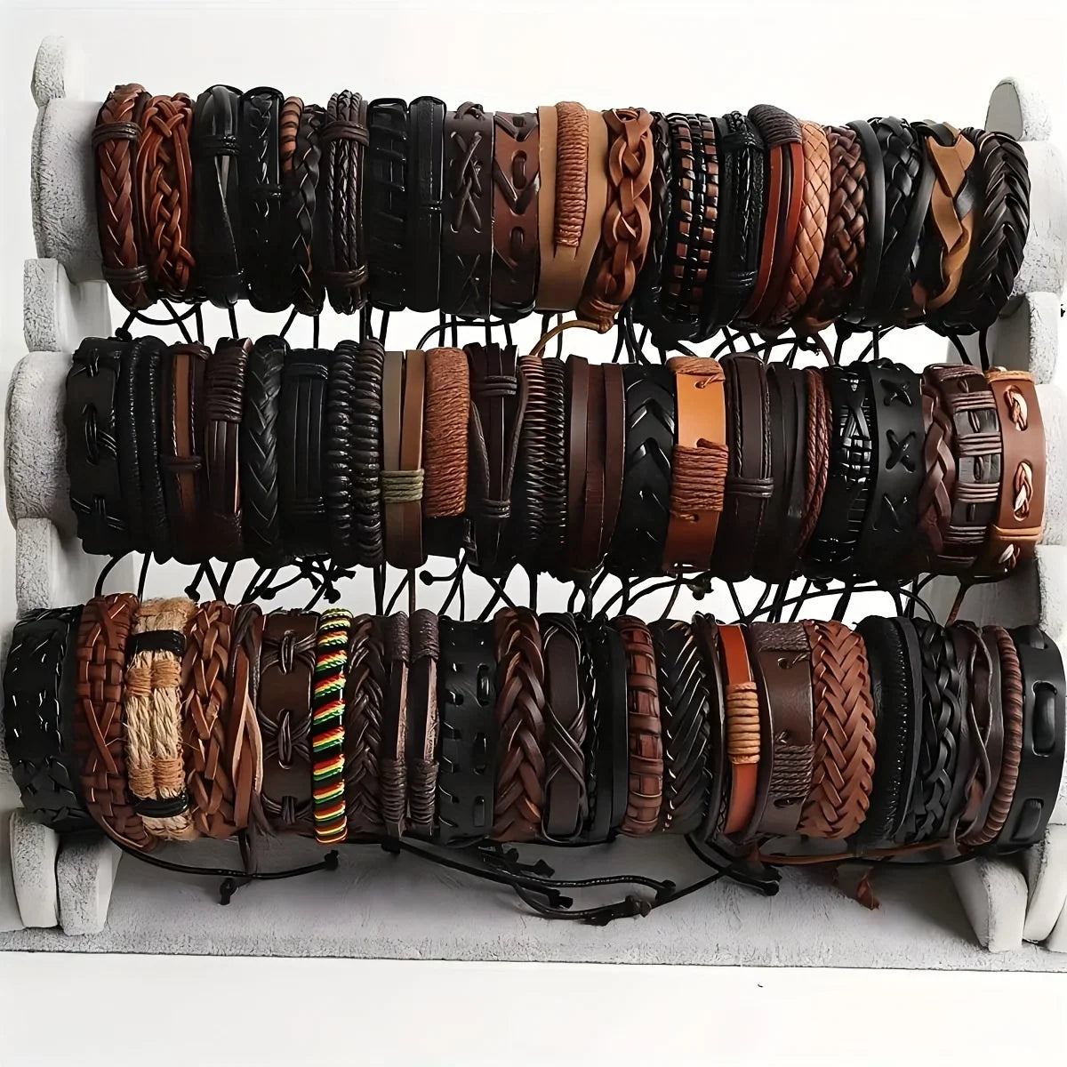 40Pcs Braided Leather Bracelets Set for Men and Women with Wooden Beads Adjustable Cuff Wristbands and Ethnic Tribal Designs