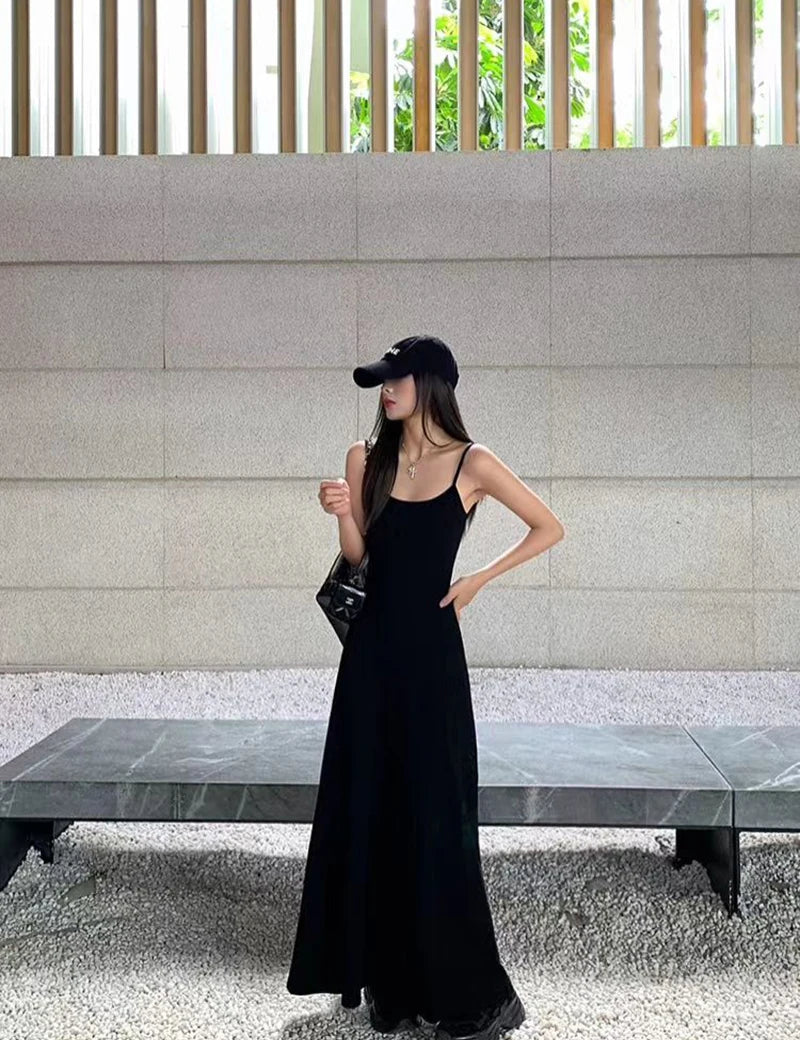 Y2K Black Strap Long Dress Sleeveless Bodycon Sundress