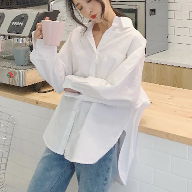 Elegant Cotton White Women Blouse Long Sleeve Vintage Loose Casual Shirt for Autumn and Spring