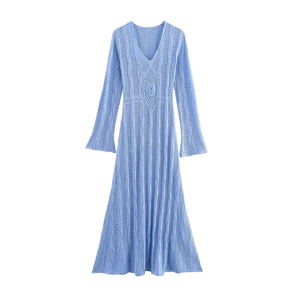 Blue Knit Beach Maxi Dress V Neck Long Sleeve Sheer