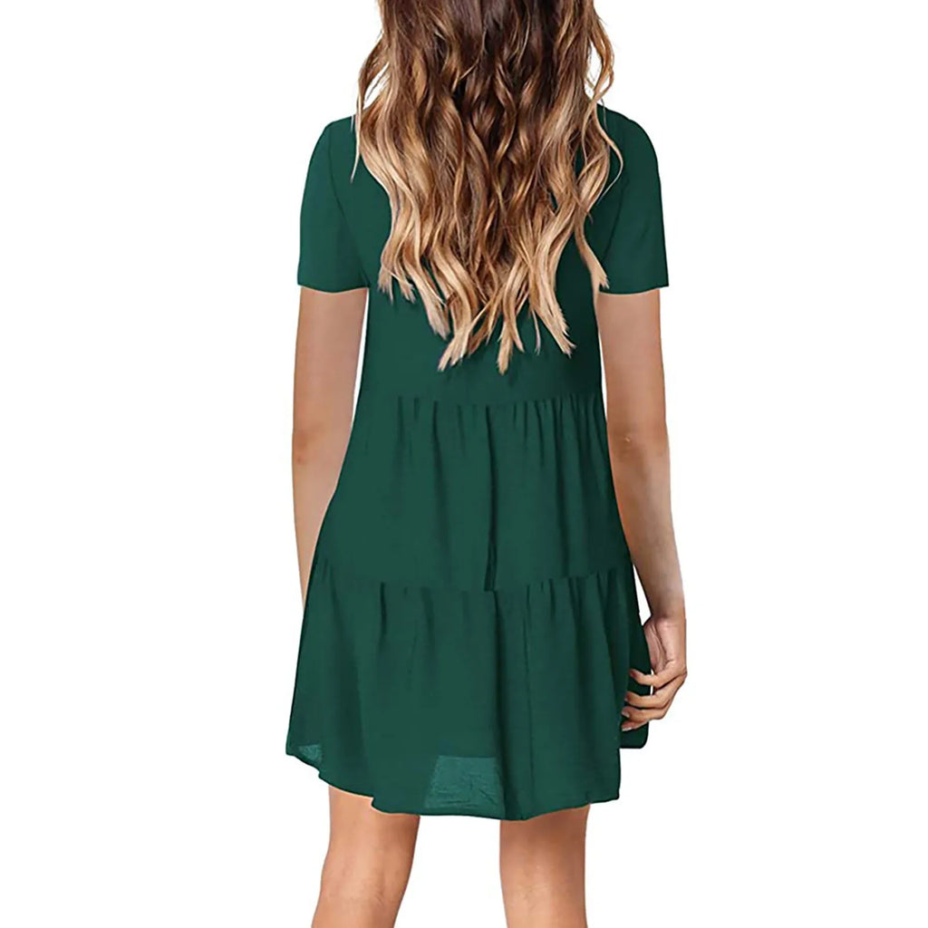 Womens V Neck Short Sleeve Loose Fit Dress Solid Color