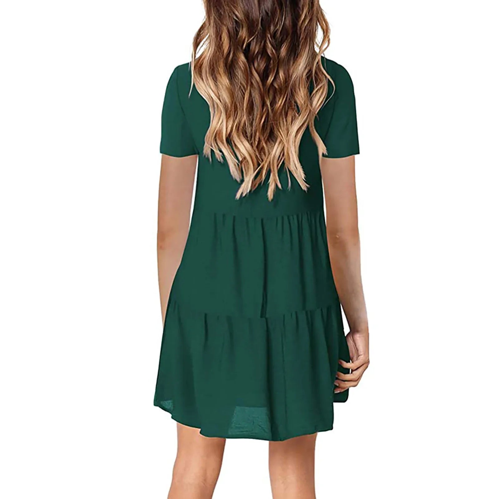 Womens V Neck Short Sleeve Loose Fit Dress Solid Color