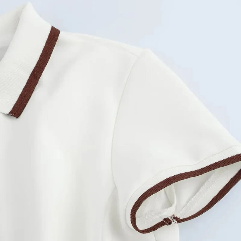 White Pleated Polo Shirt Dress With Short Sleeves Casual