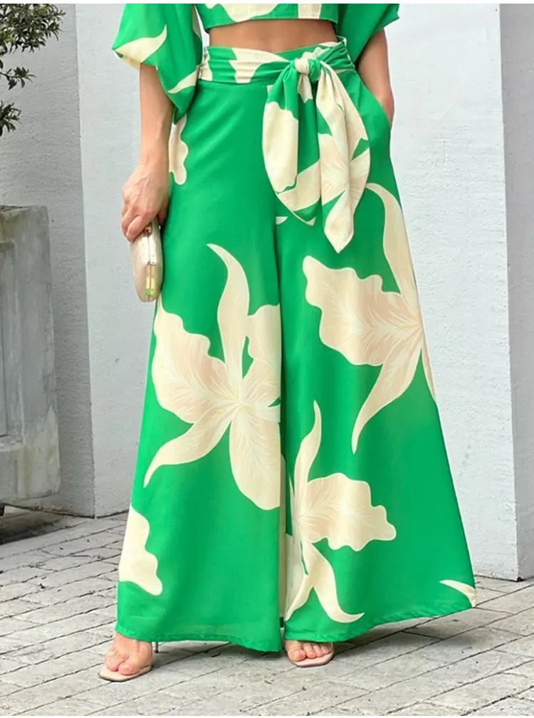 Casual Women's Two Piece Set Autumn V Neck Crop Top and High Waist Wide Leg Pants Outfit