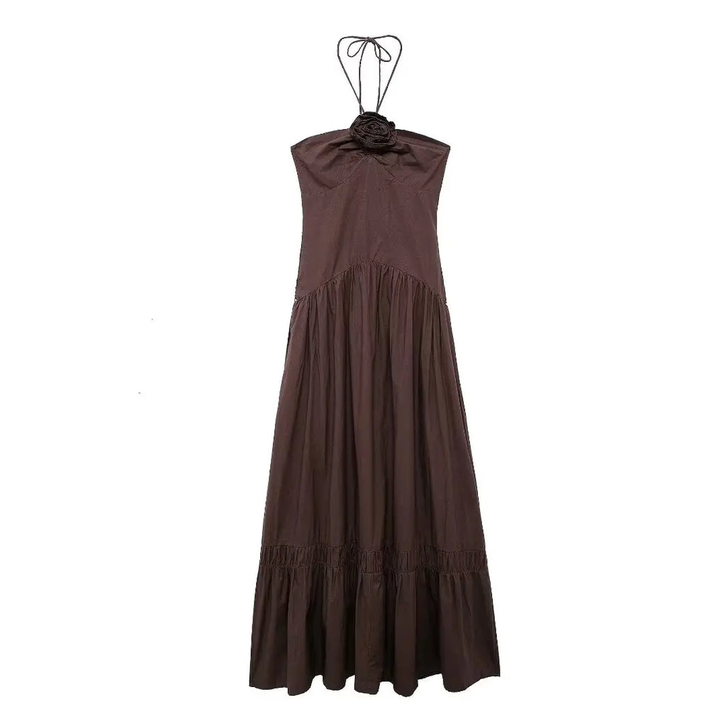 Brown Backless Halter Dress With Floral Embellishment