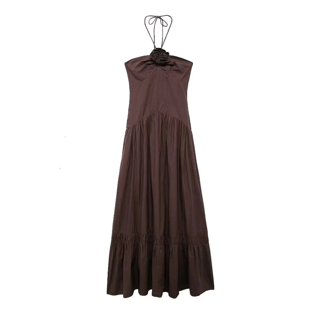 Brown Backless Halter Dress With Floral Embellishment