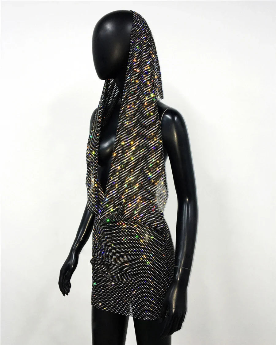 See Through Mesh Dress Rhinestone Bandana Headwrap