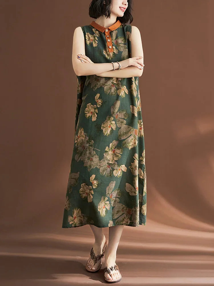 Printed Linen Sleeveless Dress for Women Summer Casual