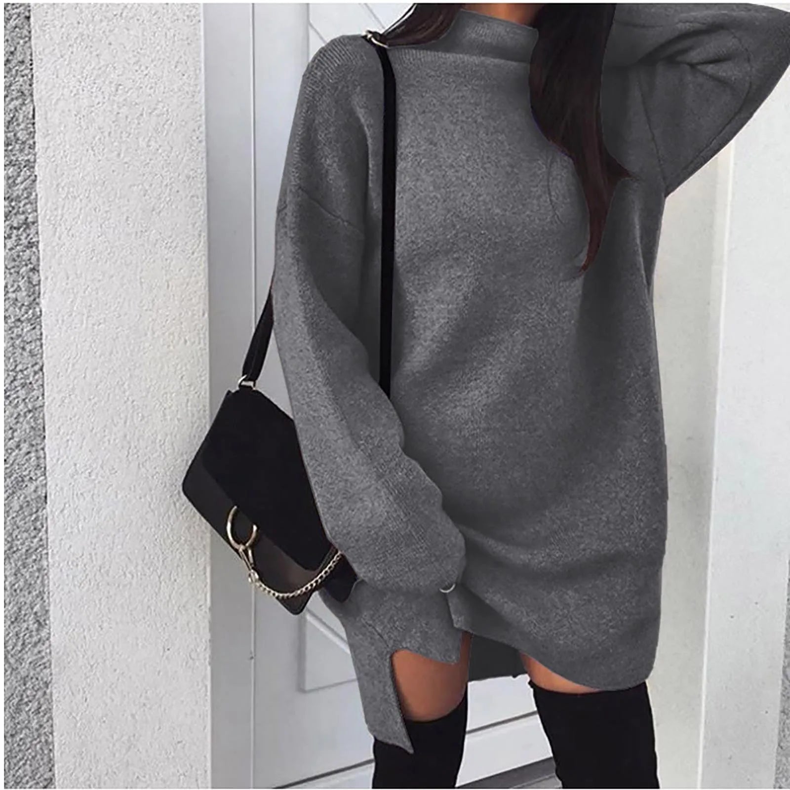 Oversized Knit Dress Turtleneck Long Sleeve Solid Color