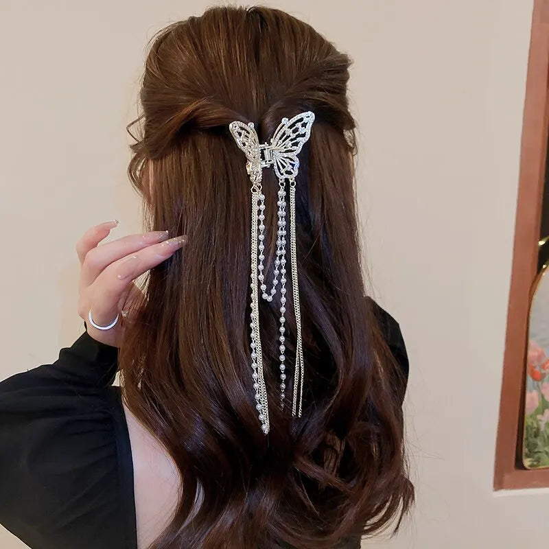 Butterfly Hair Clip With Long Tassel And Imitation Pearl Rhinestone For Elegant Women's Hair Accessories