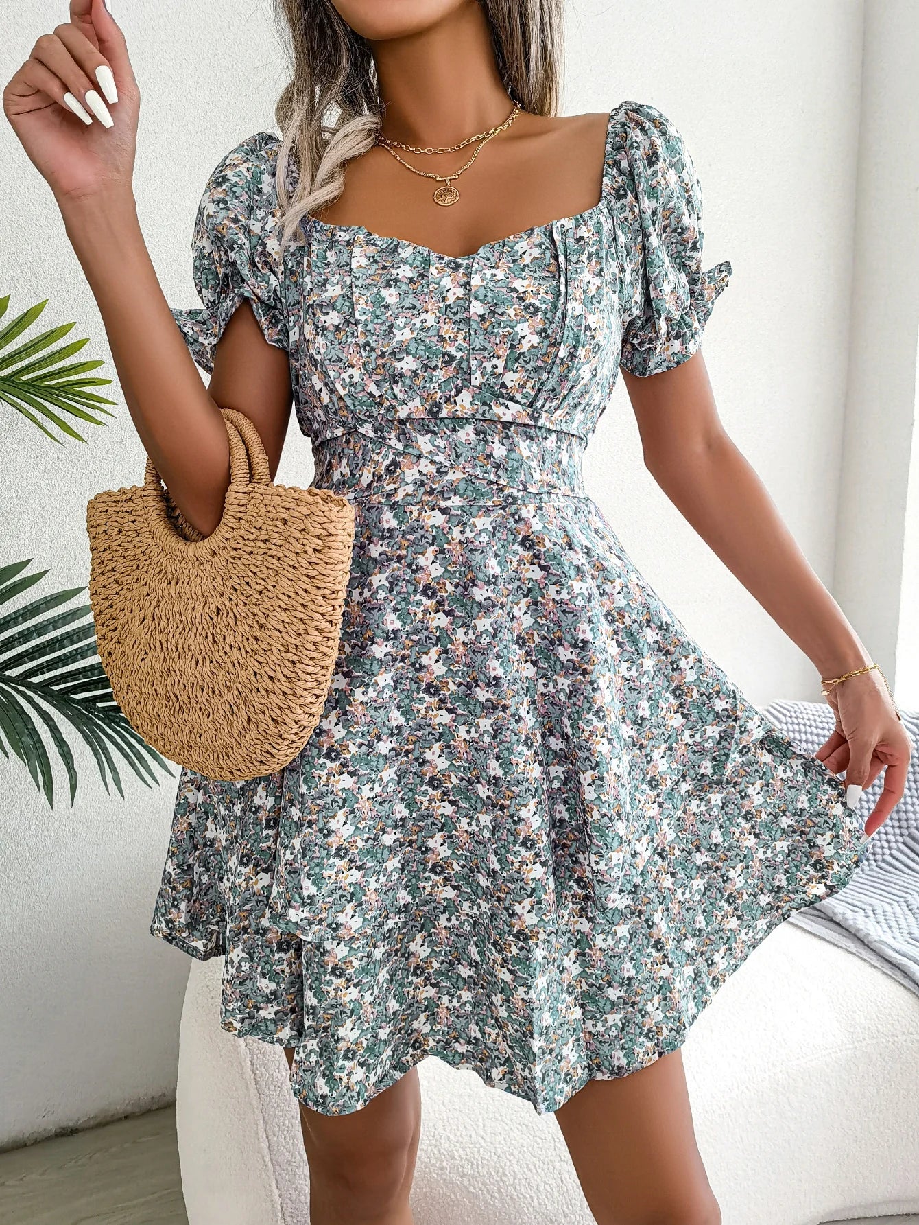 Floral Print Pleated Dress For Women Knee Length Summer