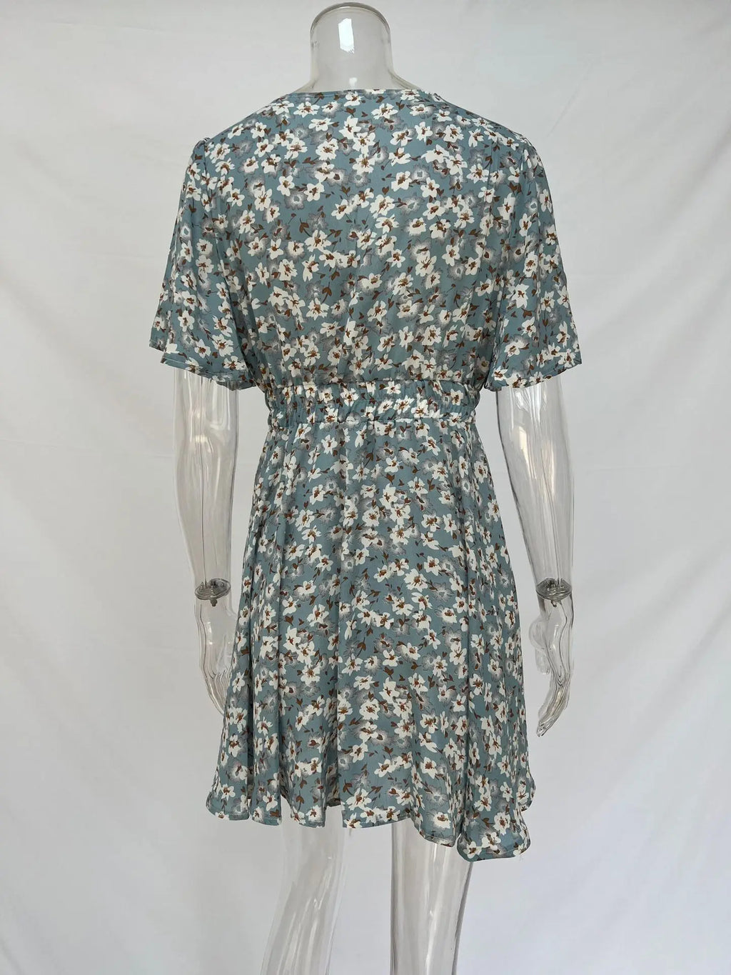 Summer Floral Dress With Bubble Sleeves V Neck A Line