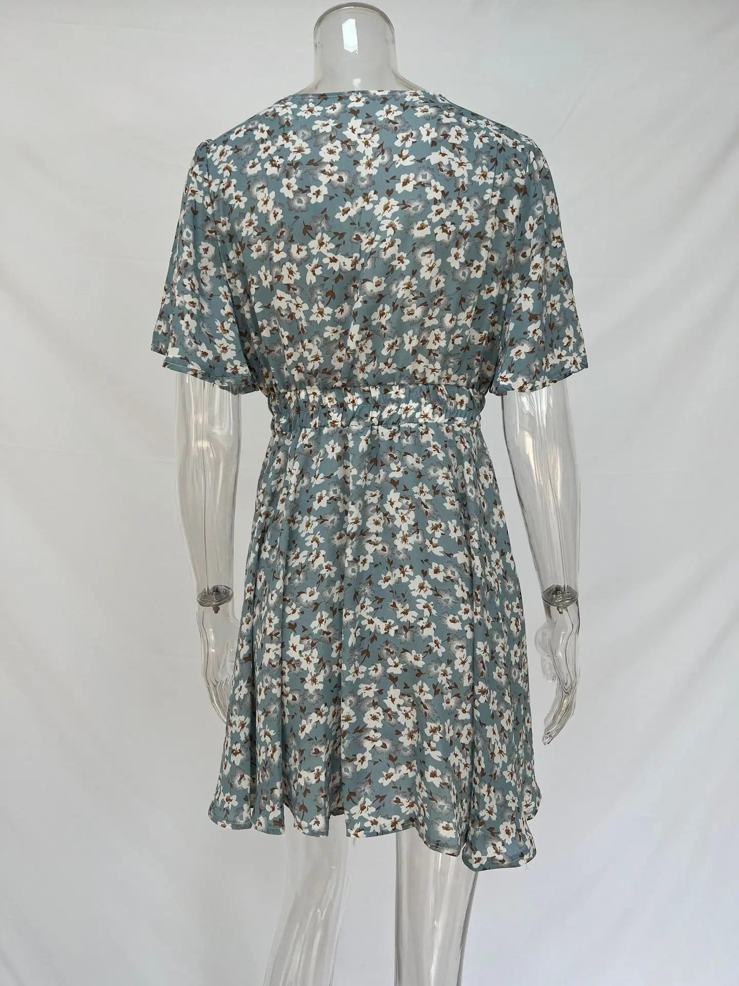 Summer Floral Dress With Bubble Sleeves V Neck A Line