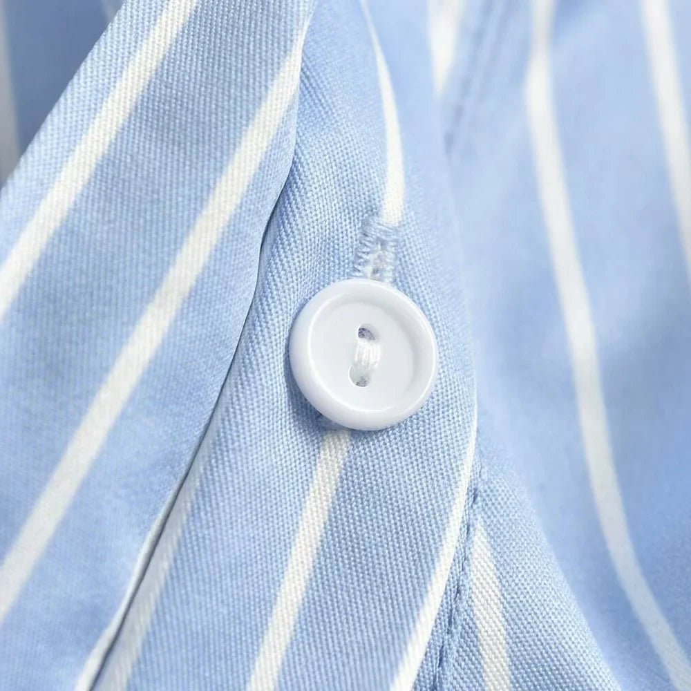 Women's Vertical Stripe Long Sleeve Shirt with Disc Buckle and Irregular Retro Design Slim Fit Casual Office Blouse