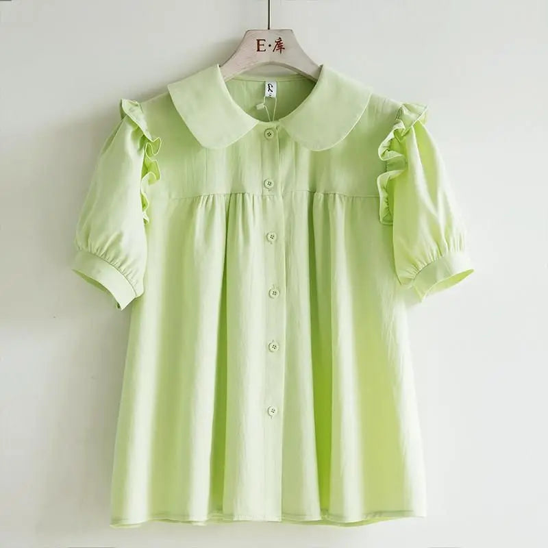 Blue Peter Pan Collar Single Breasted Short Sleeve Loose Fit Women's Blouse Shirt Lightweight Casual Top