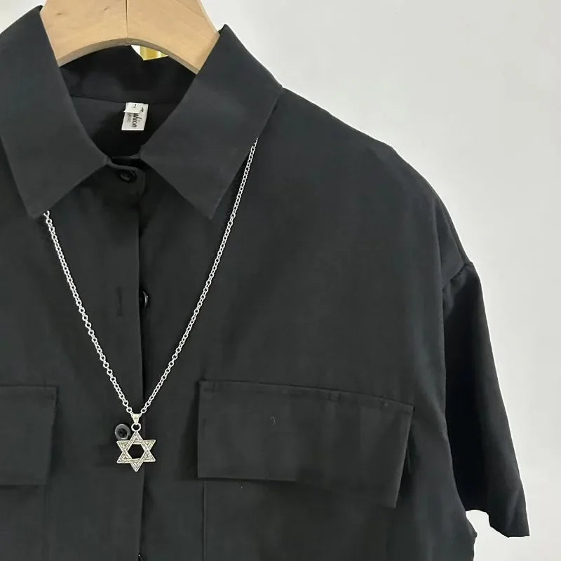 Women's Black Blouse with Necklace Decoration Summer Shirt Loose Fit Short Sleeve Pocket Design Preppy Collar Stylish Blusas