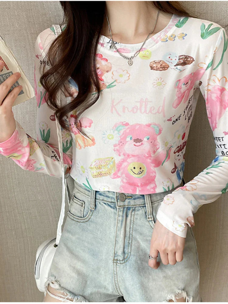 Women's Sexy See-Through Mesh Blouse Long Sleeve Transparent Elegant Printed Shirt Fashion Top