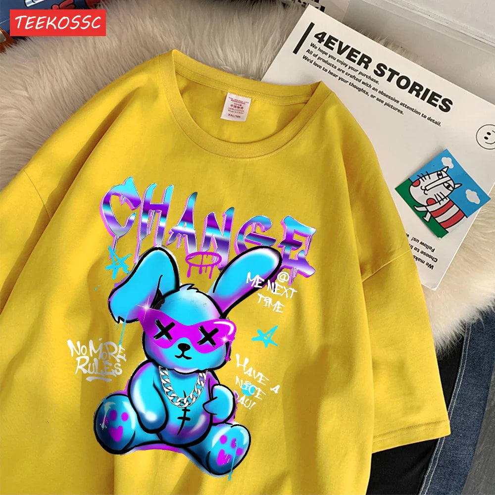 Trendy Cartoon Rabbit Print Summer T-Shirts for Women in Soft Cotton Short Sleeve Loose Fit Casual Tops