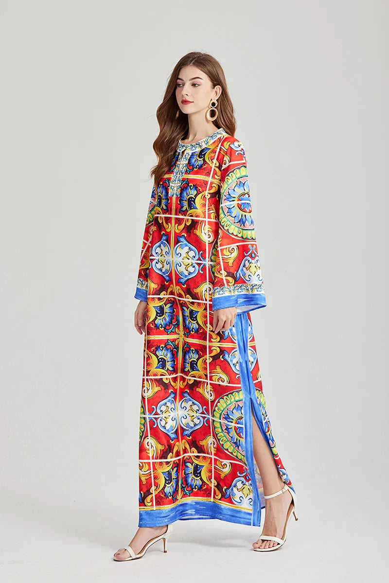 Bohemian Maxi Dress Floral Print Long Sleeve O Neck