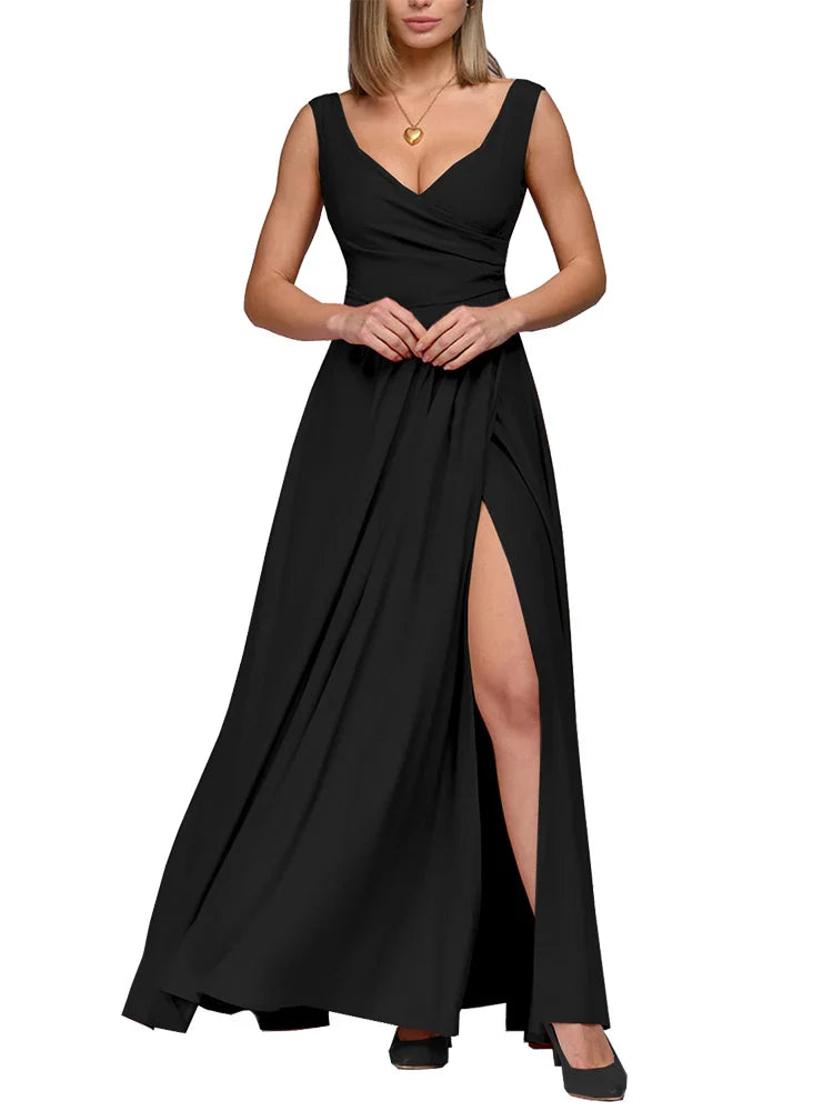 Deep V Neck Sleeveless Maxi Dress With Slit High Waist