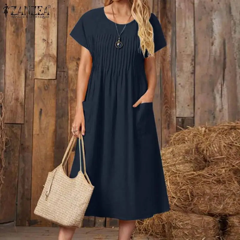 Summer Party Sundress Women O Neck Short Sleeve Mid Calf