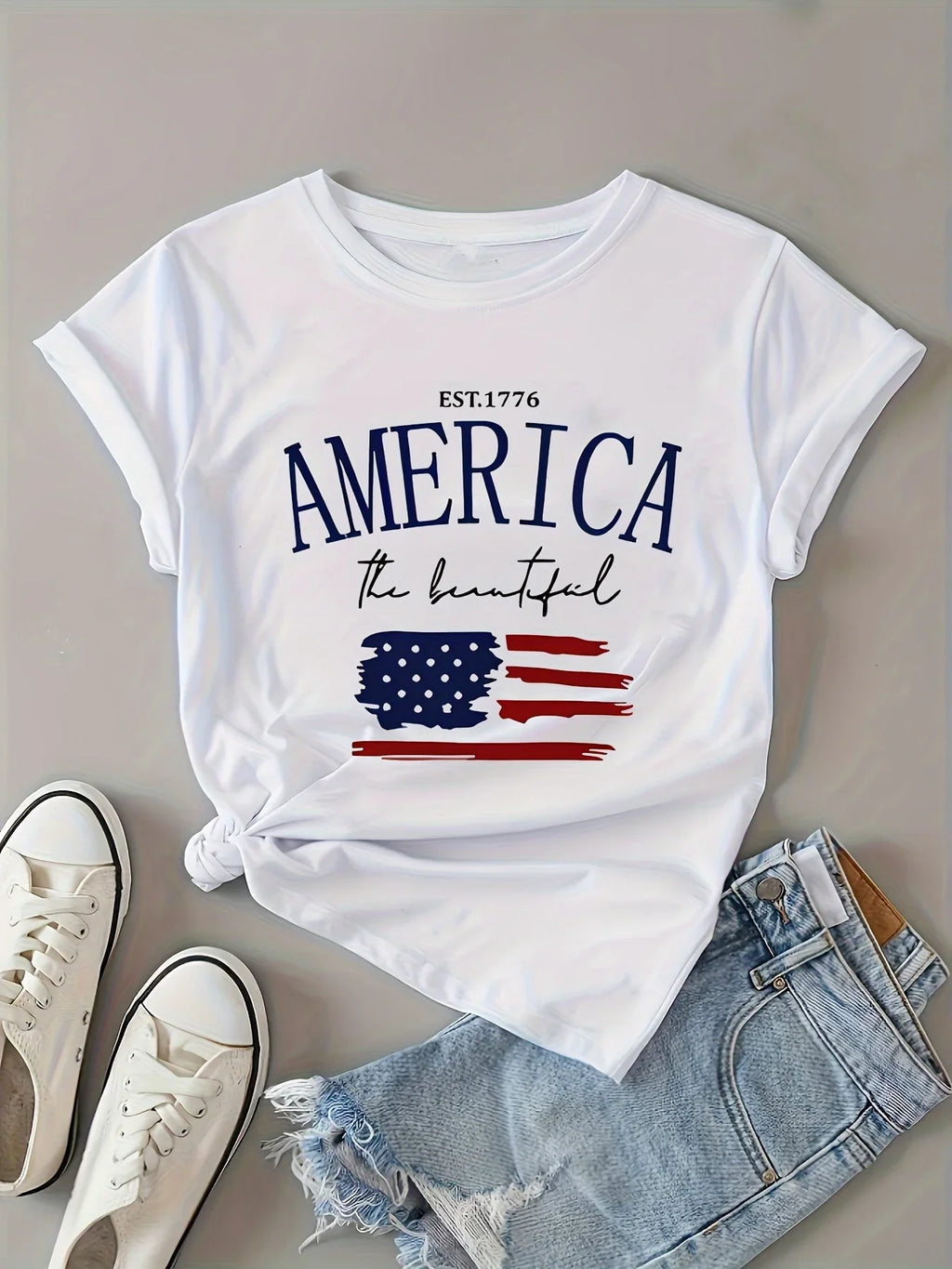 Women's American Flag Print T-Shirt - Casual Crew Neck Short Sleeve Top for Independence Day Celebrations
