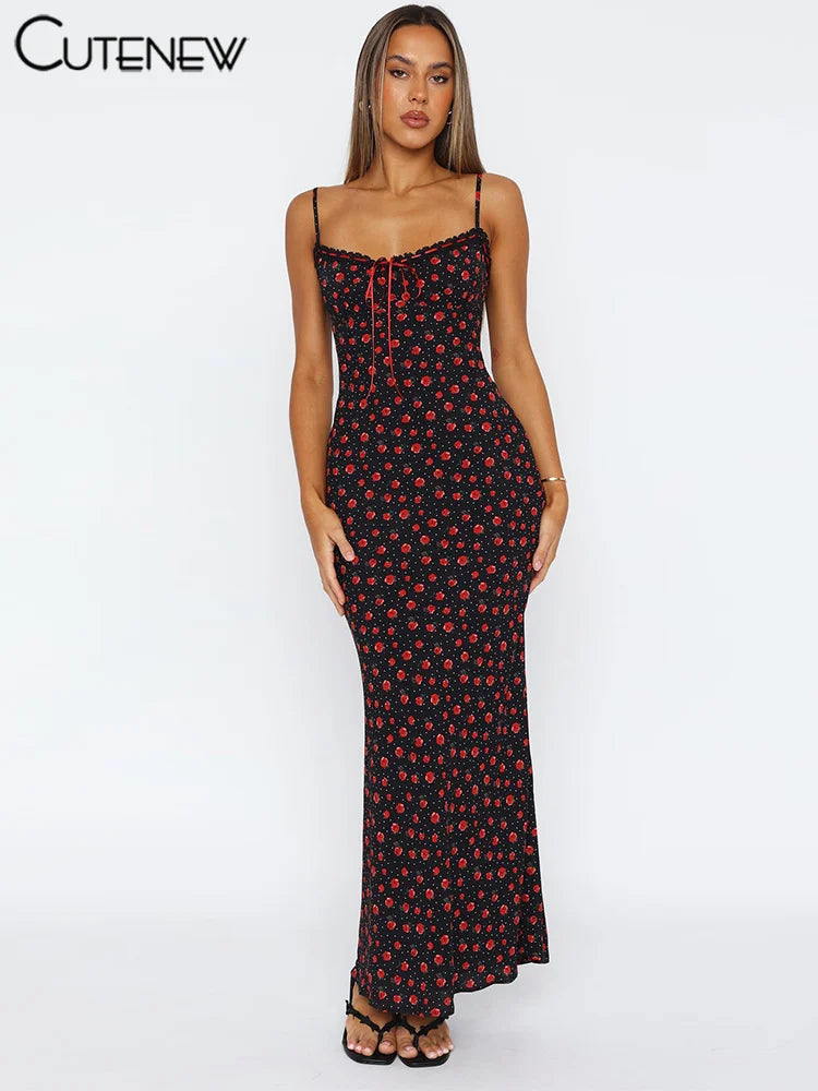 Rose Print Maxi Dress for Women Summer Bodycon Style
